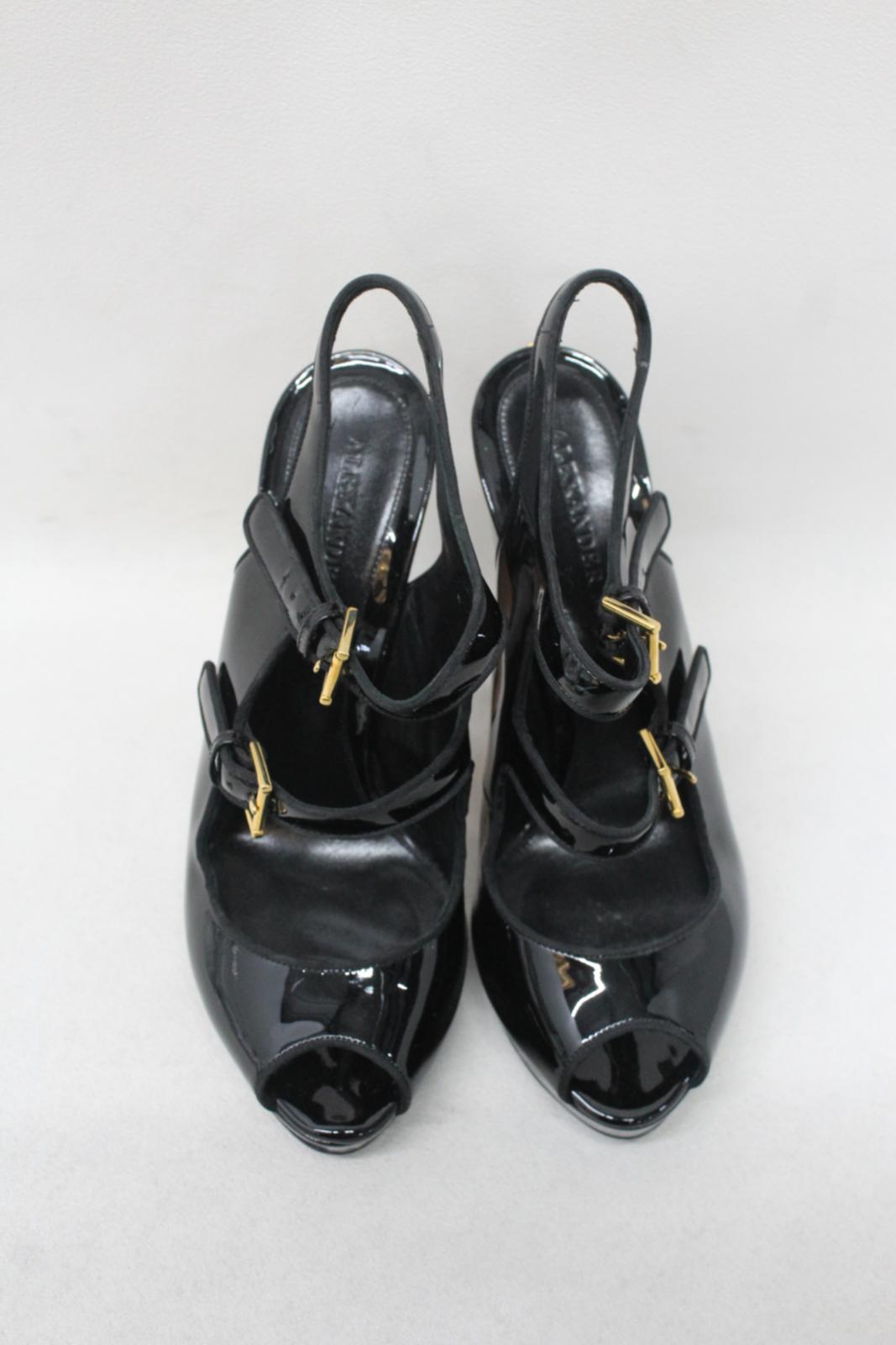 ALEXANDER MCQUEEN Ladies Black Patent Leather Block Heel Sandals EU40 UK7 NEW