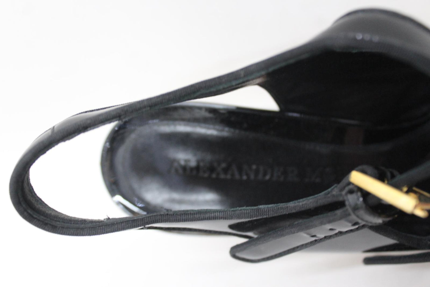ALEXANDER MCQUEEN Ladies Black Patent Leather Block Heel Sandals EU40 UK7 NEW
