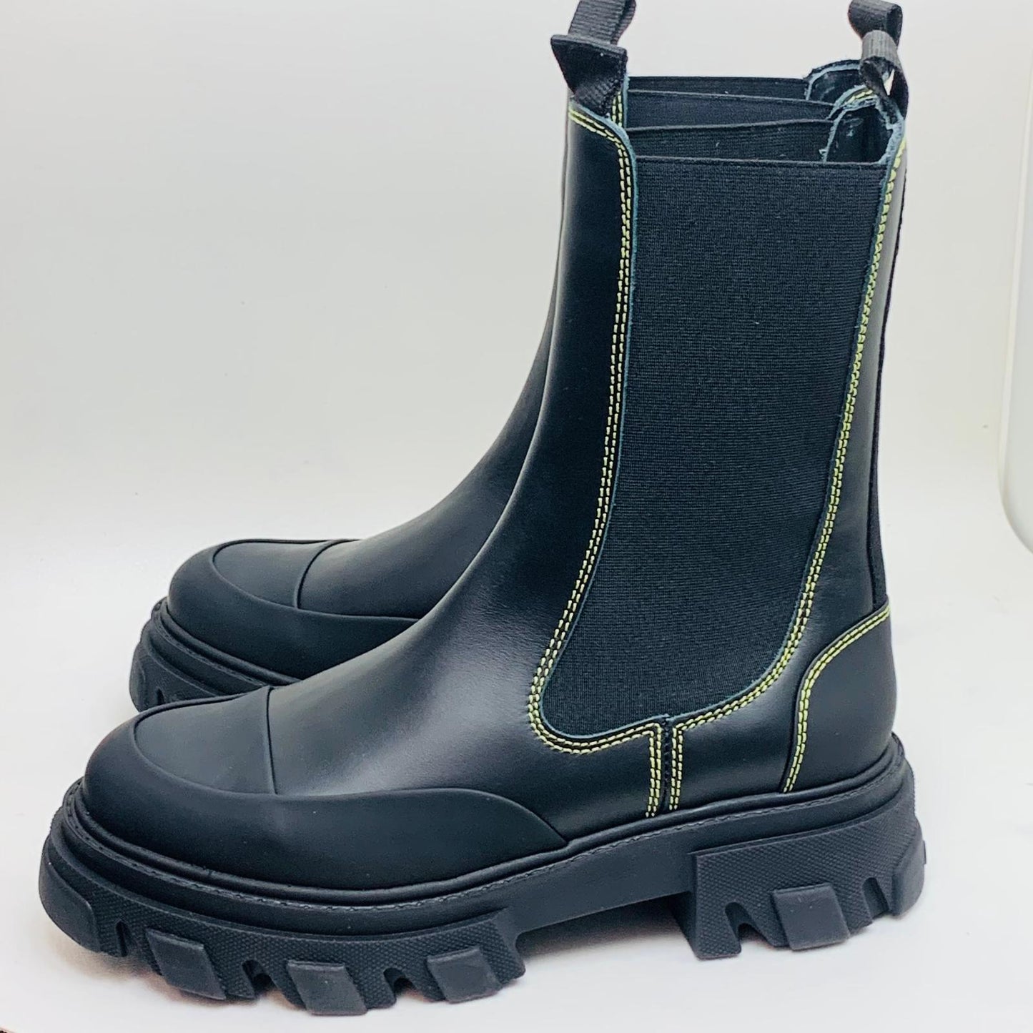 GANNI Chelsea Ladies Black Chunky Rubber Yellow Stitch Boot Shoe UK6 NEW RRP355