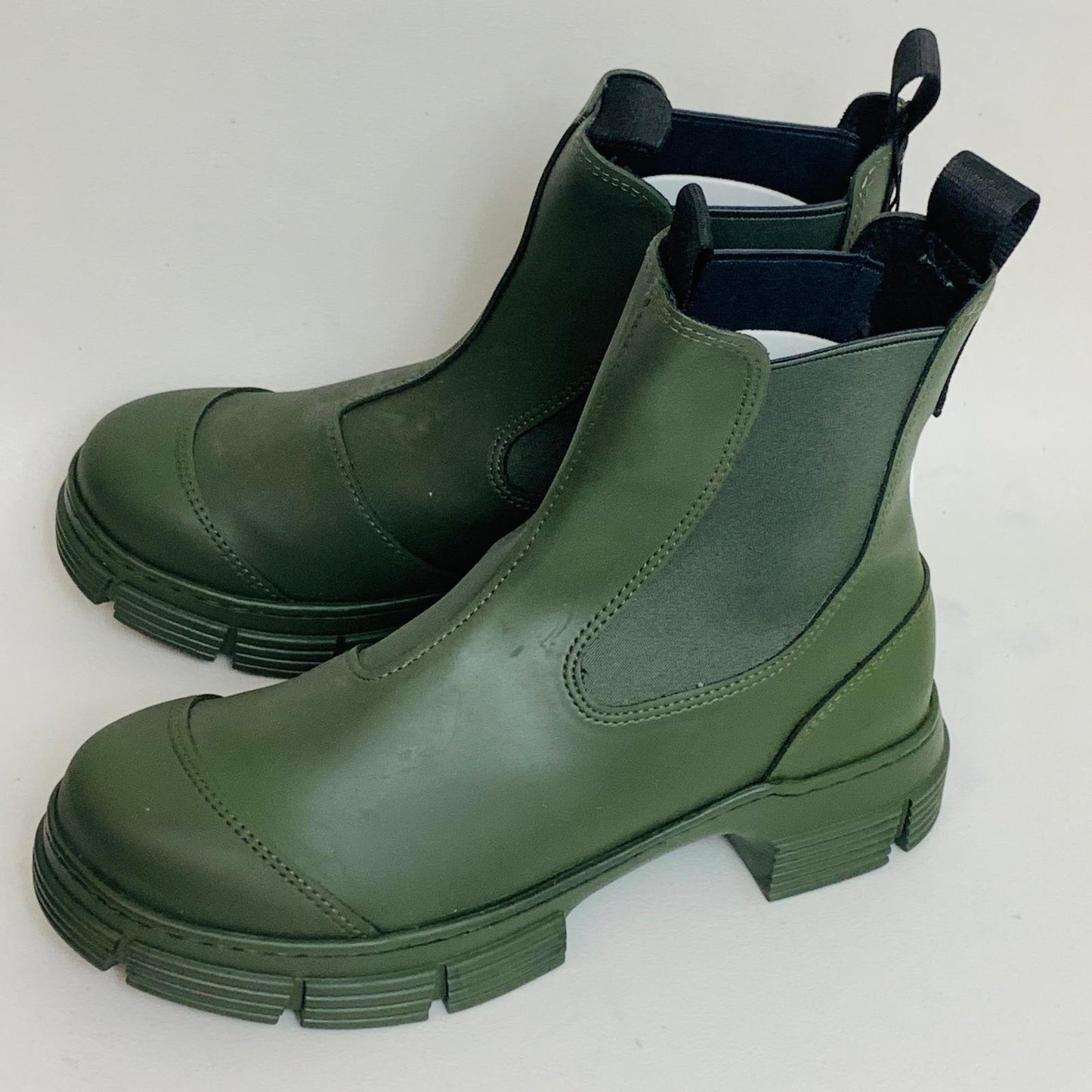 GANNI Chelsea Ladies Green Olive Recycled Rubber Synthetic Boot UK5 NEW RRP355