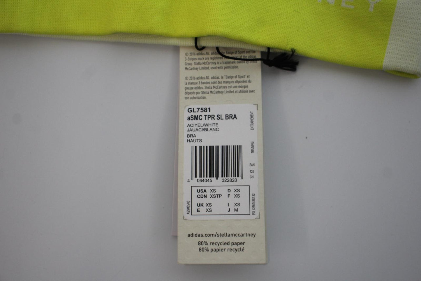 ADIDAS X STELLA MCCARTNEY Ladies Lemon Yellow Crossover Strap Sports Bra XS NEW