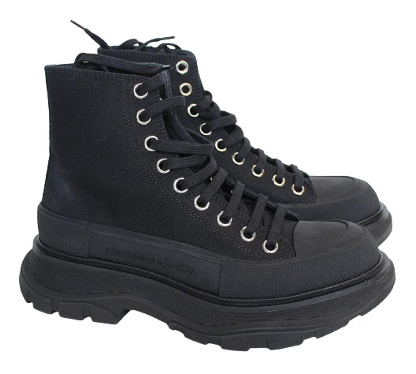 ALEXANDER MCQUEEN Ladies Black Tread Slick Canvas Rubber Boots EU37 UK4 NEW