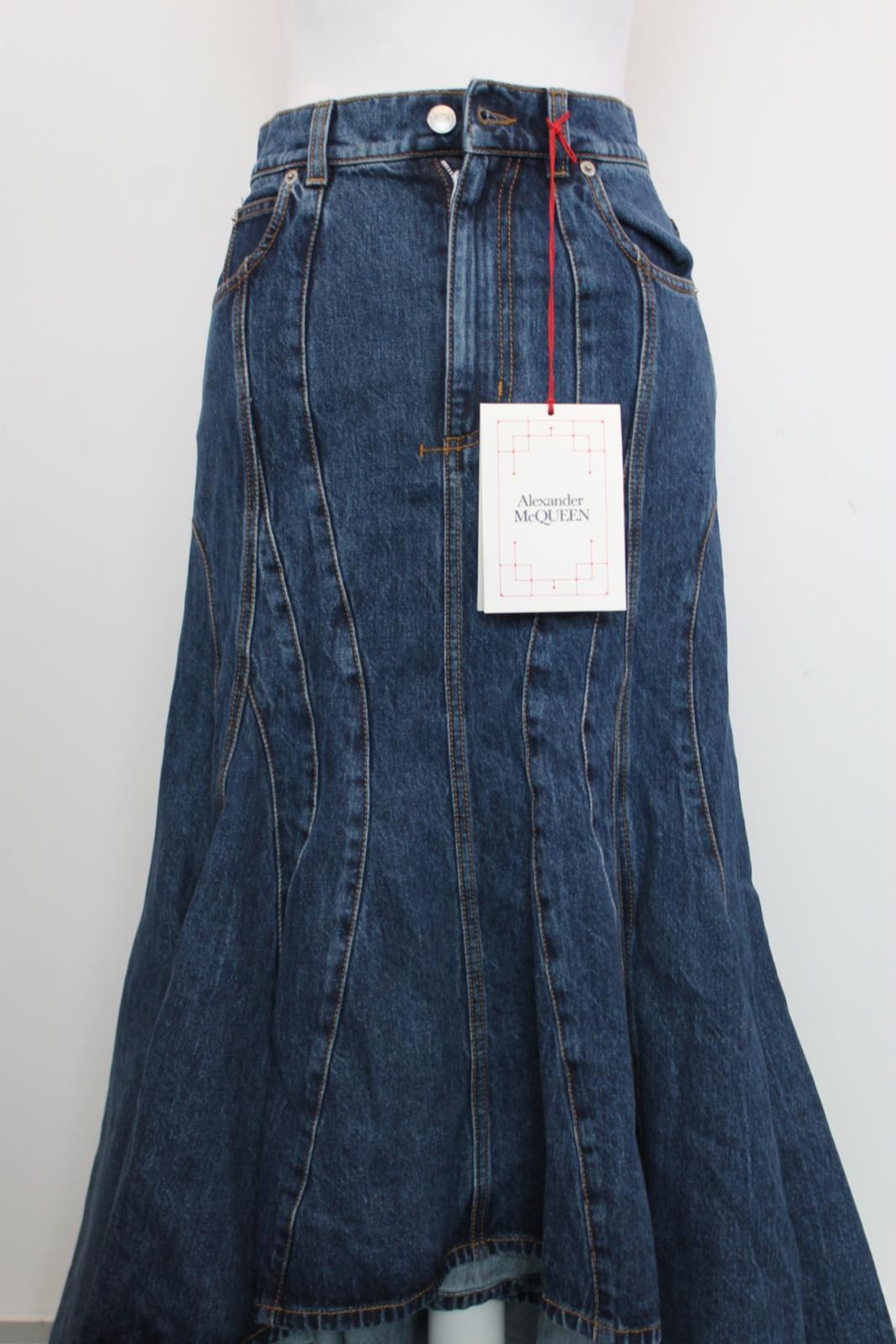ALEXANDER MCQUEEN Ladies Blue Denim Long Hi-Low Jean Skirt EU32 UK4 BNWT