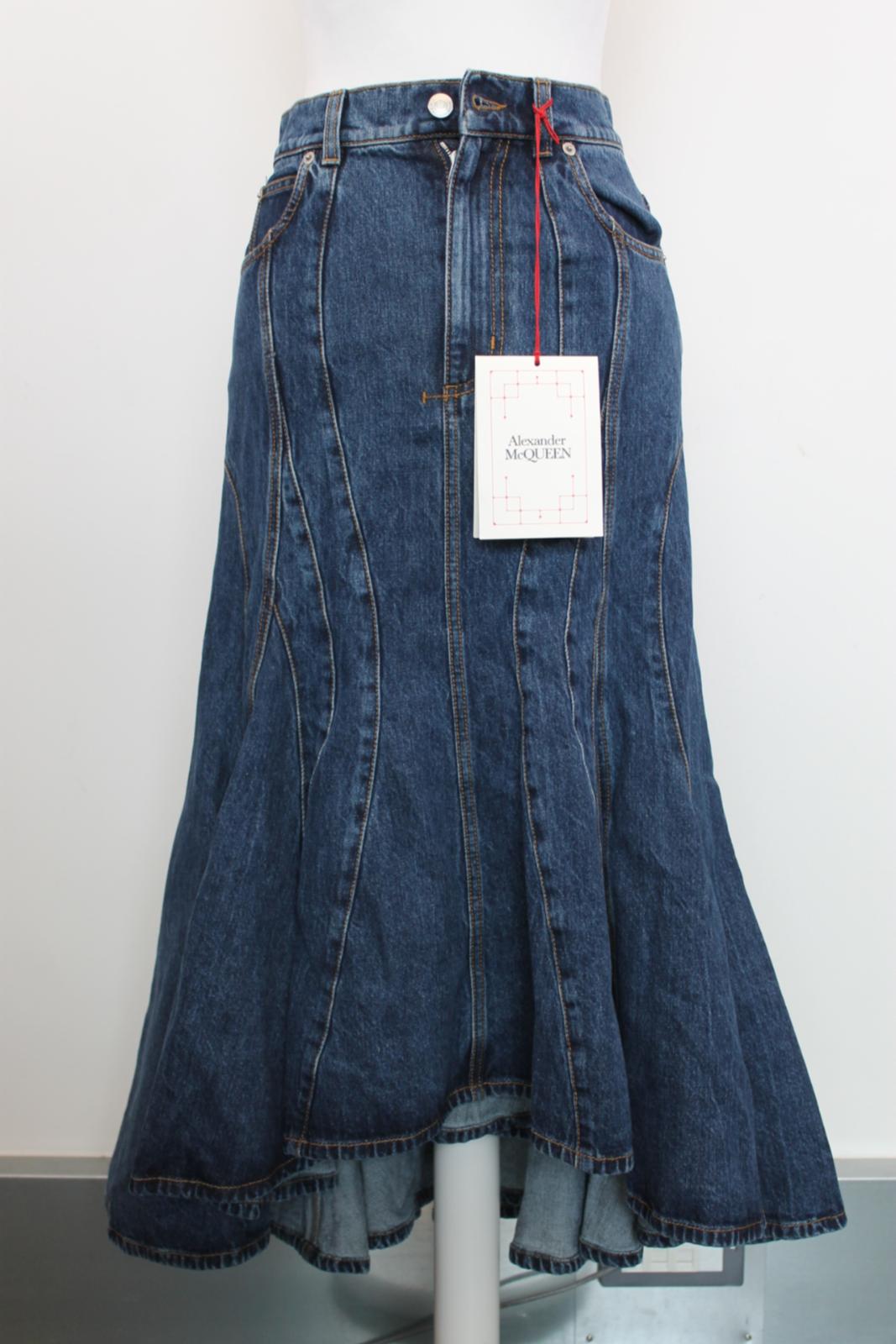 ALEXANDER MCQUEEN Ladies Blue Denim Long Hi-Low Jean Skirt EU32 UK4 BNWT