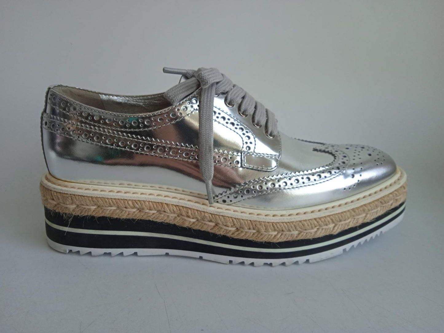 PRADA Ladies Metallic Silver Leather Lace-Up Platform Brogues EU36 UK3 NEW