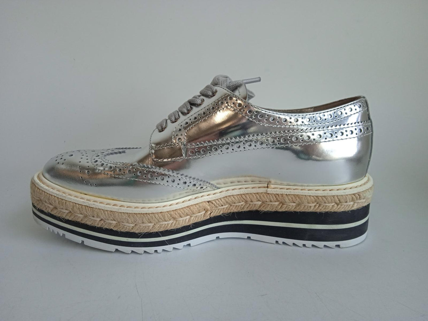 PRADA Ladies Metallic Silver Leather Lace-Up Platform Brogues EU36 UK3 NEW