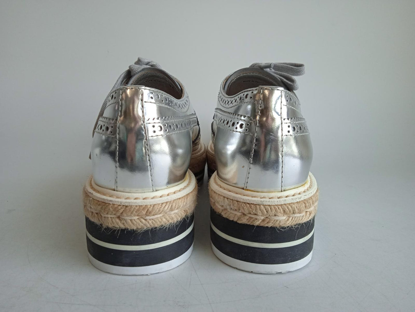 PRADA Ladies Metallic Silver Leather Lace-Up Platform Brogues EU36 UK3 NEW