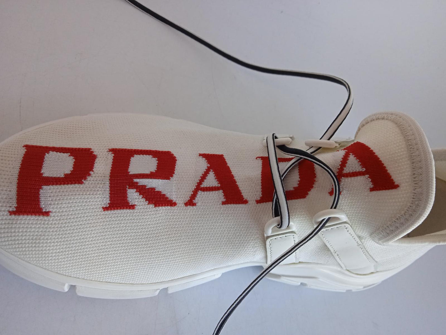 PRADA Ladies White & Red Fabric Knitted XY Logo Lace-Up Trainers EU35 UK2 NEW
