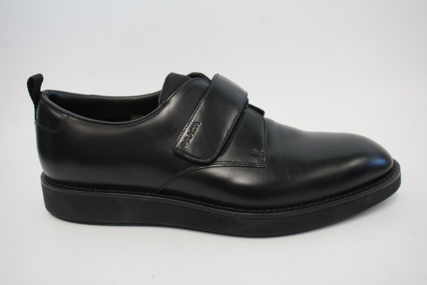 PRADA Men's Black Smooth Leather Monk Strap Almond Toe Shoes Size UK8 NEW
