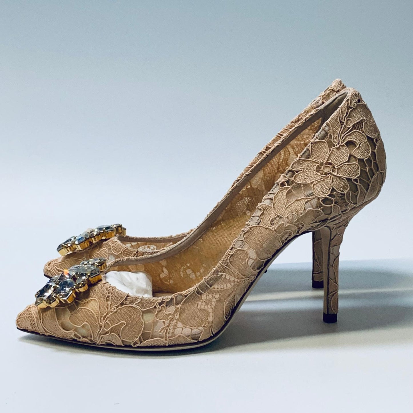 DOLCE & GABBANA Beige Floral Lace Hi-Heel Pointed Toe Crystal Flower UK 5.5 NEW
