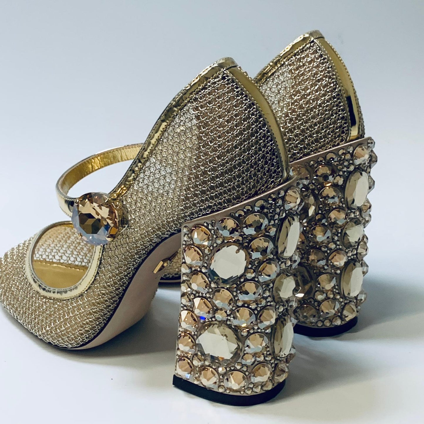 DOLCE & GABBANA Gold Block Heel Encrusted Crystal Metallic Mesh Heels UK 7 NEW