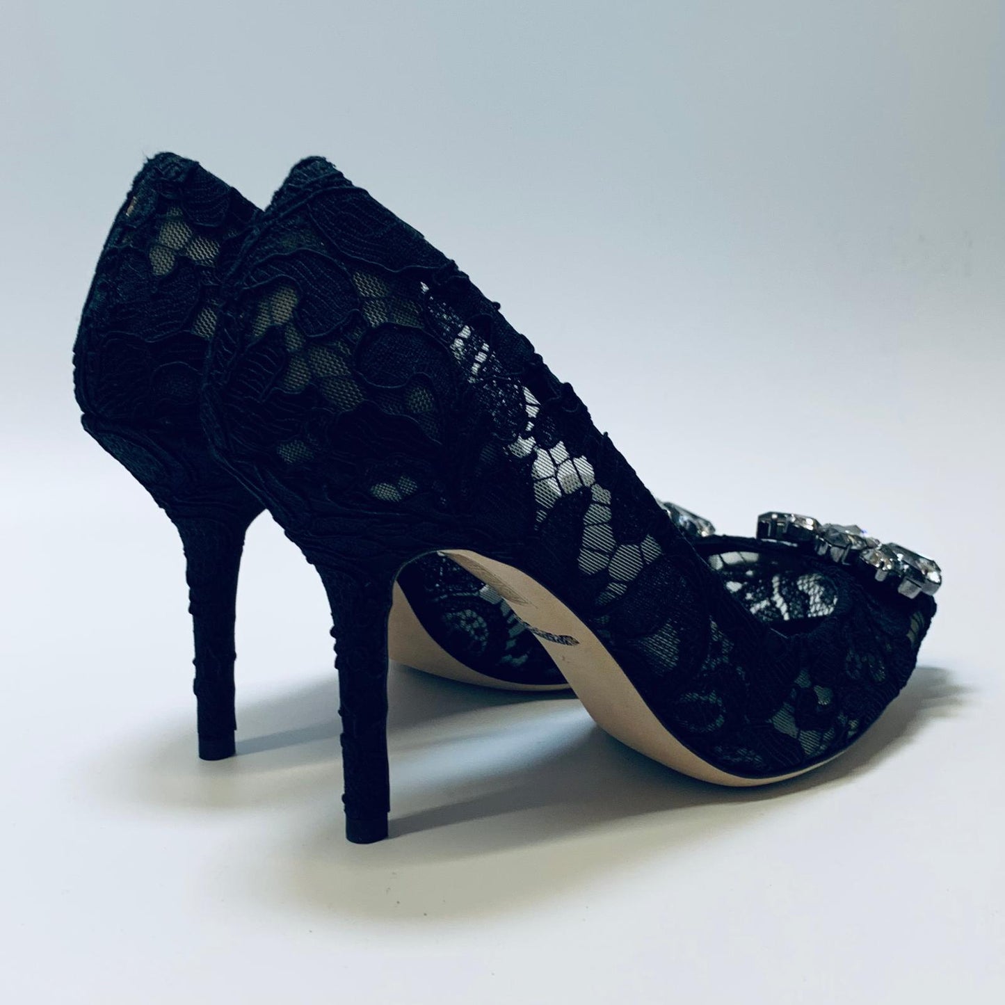 DOLCE & GABBANA Black Lace Ladies Court Crystal Flower High Heels UK3 NEW