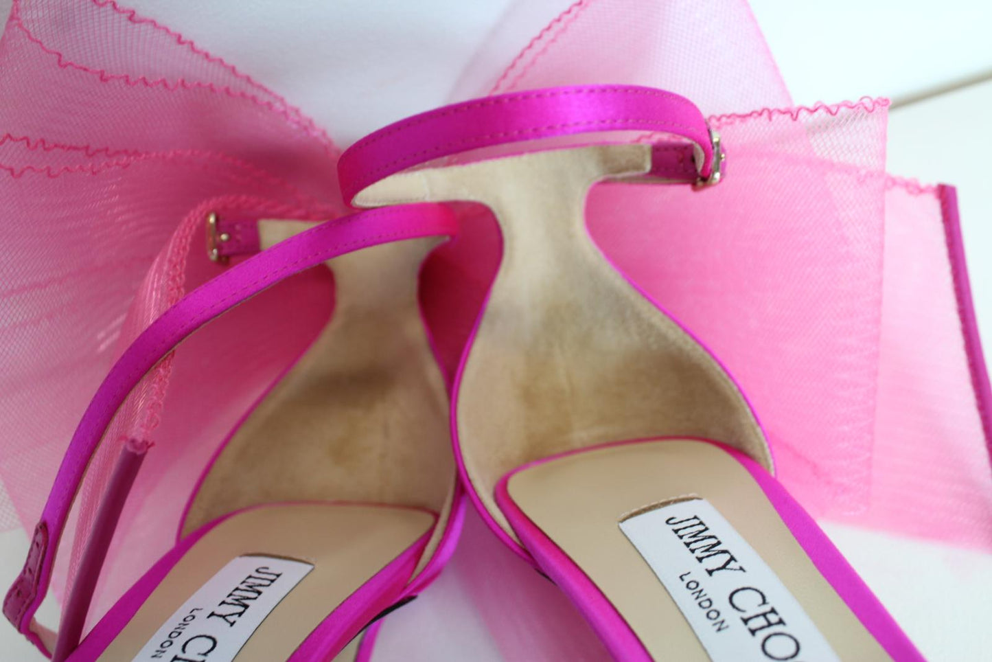 JIMMY CHOO Ladies Aveline 100 Bow Satin Sandals Fuchsia Pink EU39 UK6 NEW