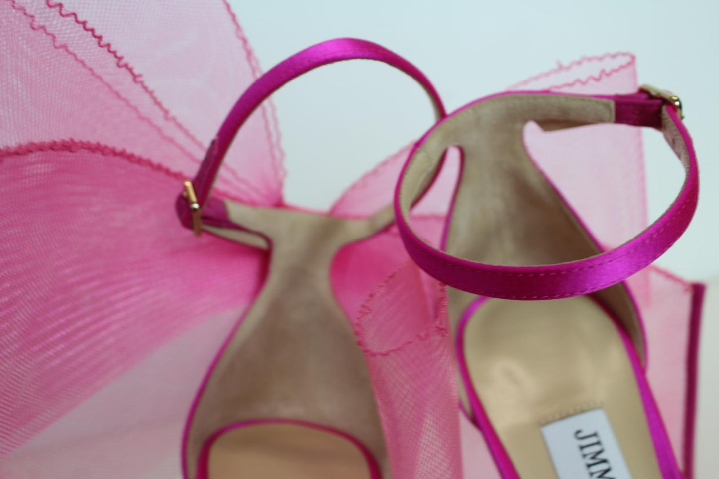 JIMMY CHOO Ladies Aveline 100 Bow Satin Sandals Fuchsia Pink EU37.5 UK4.5 NEW
