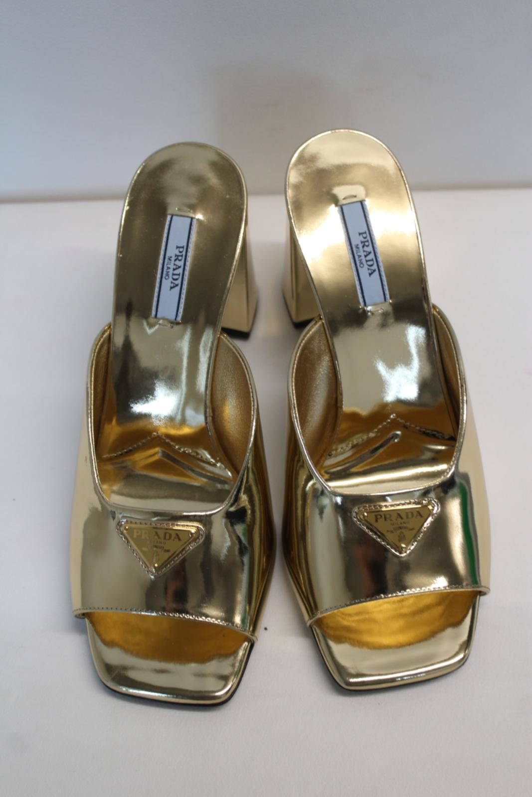 PRADA Ladies Metallic Gold Leather 85mm Block Heels Mules Shoes EU38 UK5 NEW