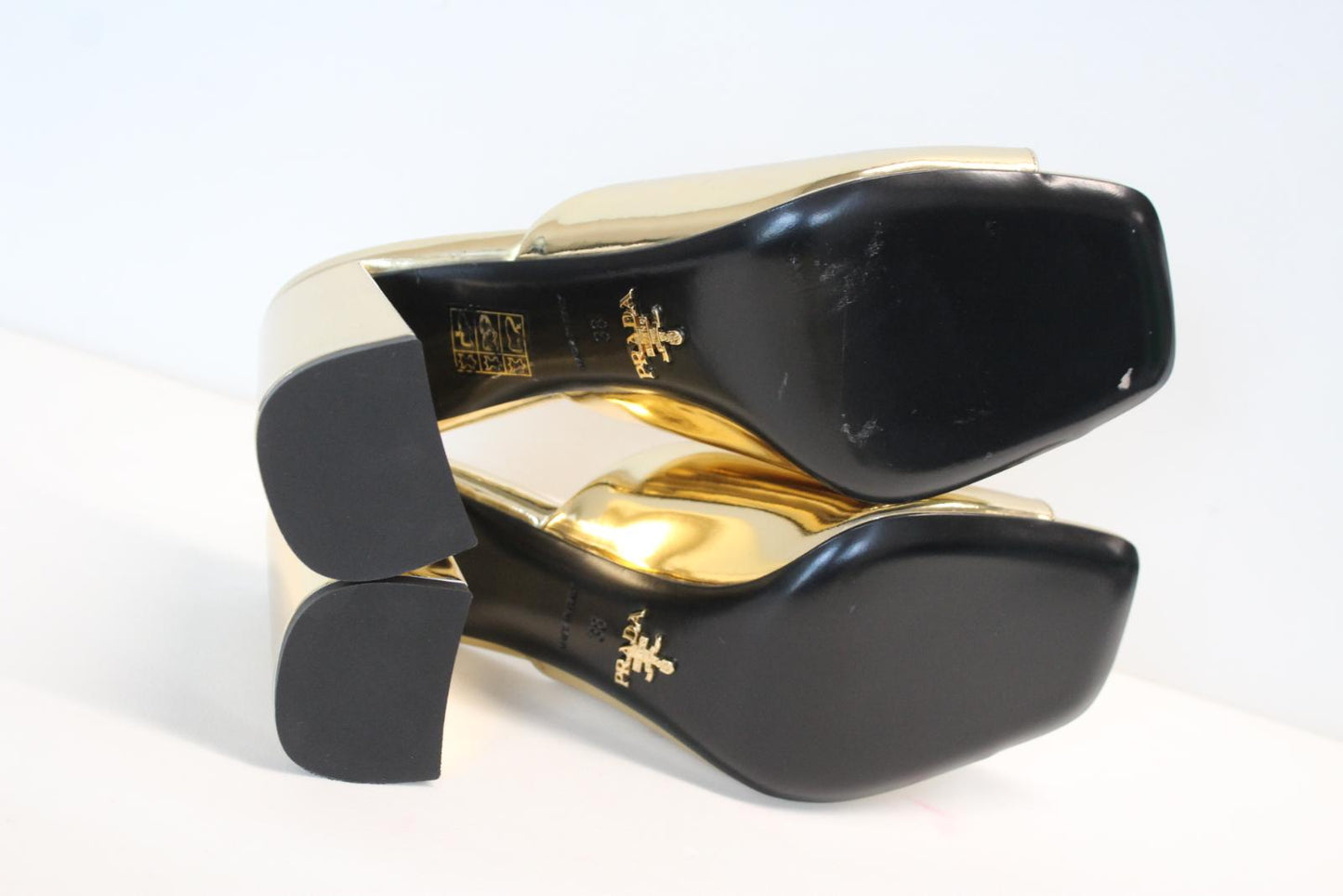 PRADA Ladies Metallic Gold Leather 85mm Block Heels Mules Shoes EU38 UK5 NEW