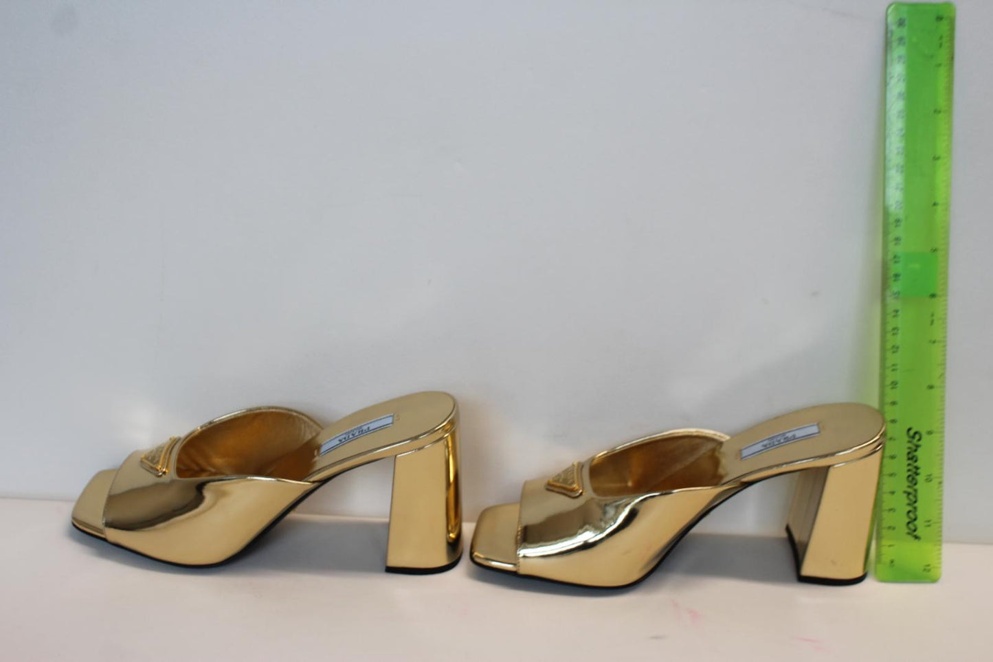 PRADA Ladies Metallic Gold Leather 85mm Block Heels Mules Shoes EU38 UK5 NEW