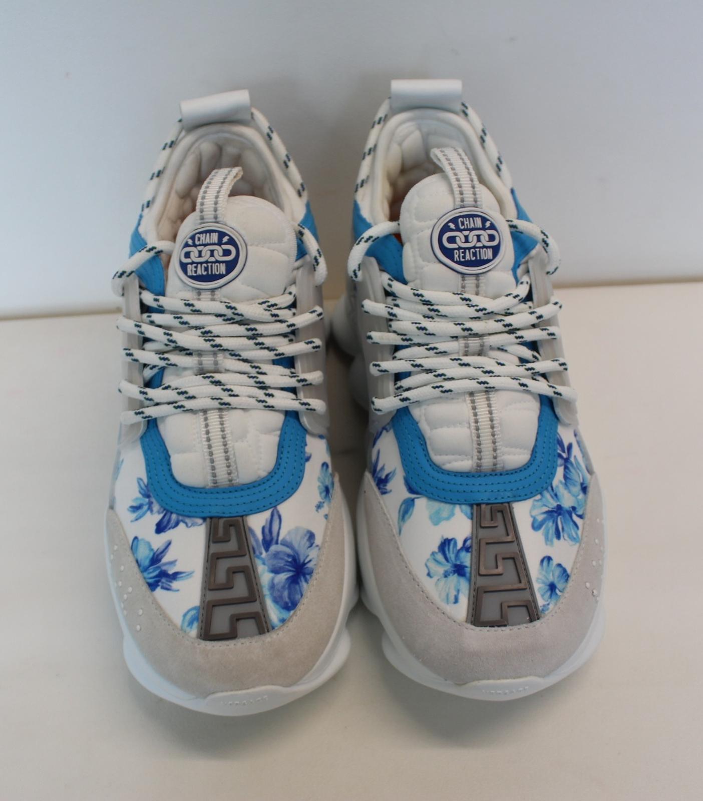 VERSACE Ladies Chain Reaction White Blue Grey Floral Print Trainers EU39 UK6 NEW
