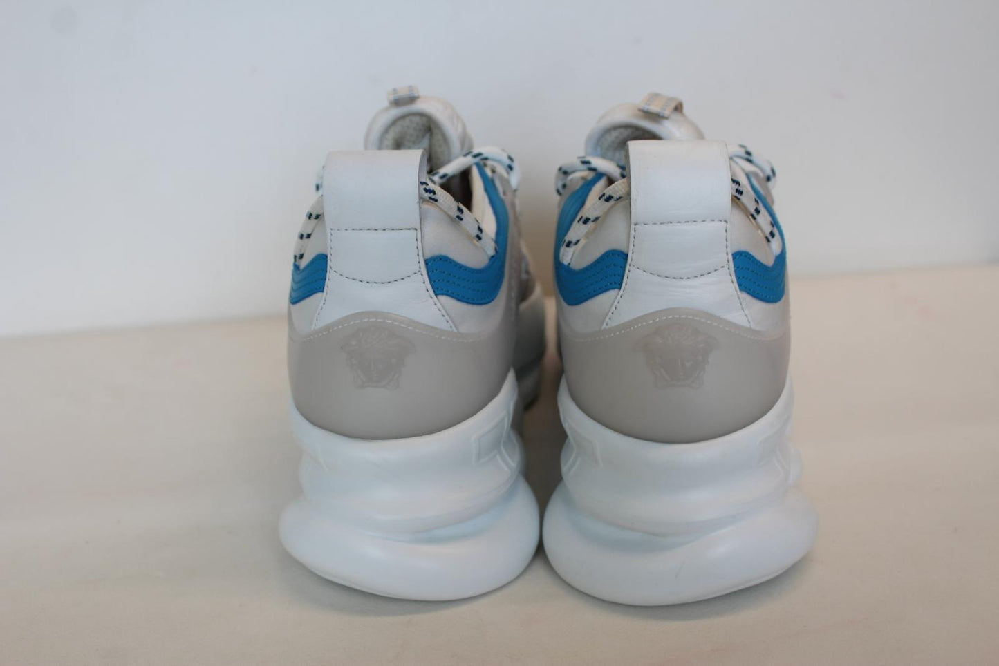 VERSACE Ladies Chain Reaction White Blue Grey Floral Print Trainers EU39 UK6 NEW