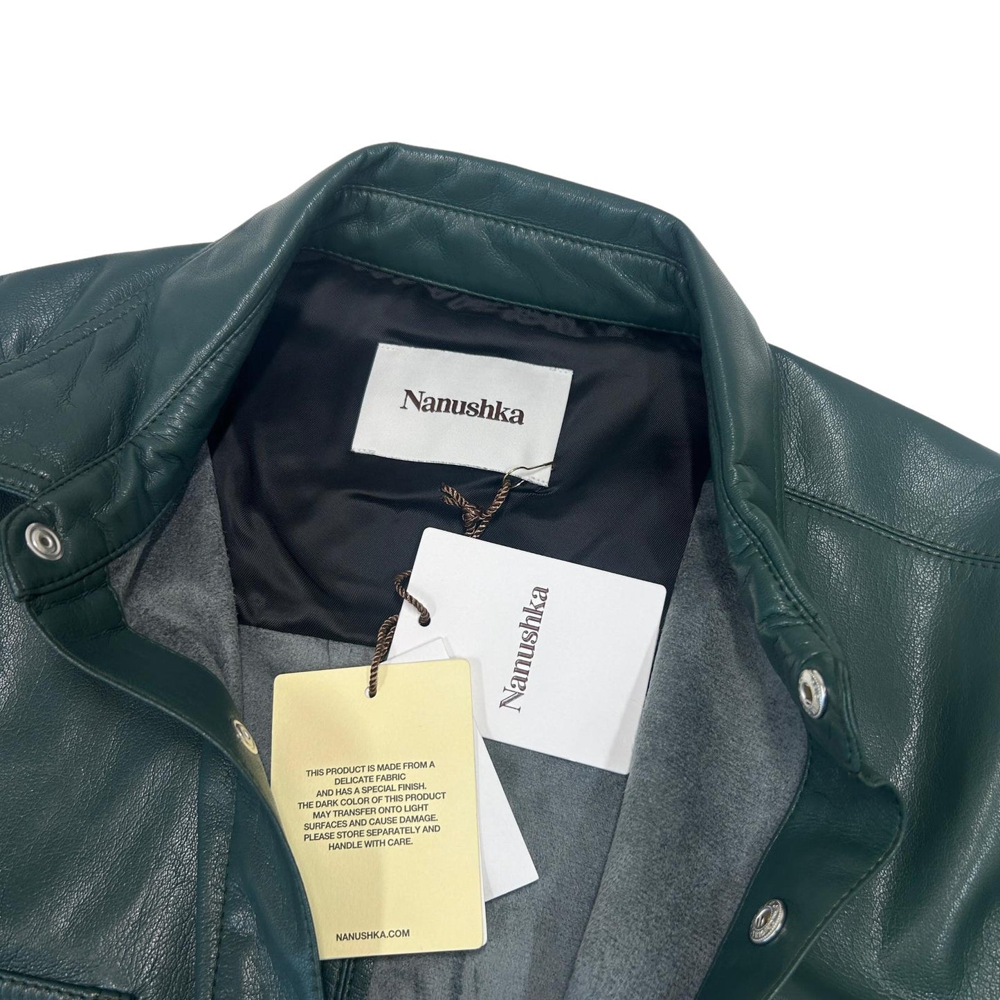 NANUSHKA Adam Vegan Leather Short Sleeve Popper Shirt Green L RRP365 BNWT