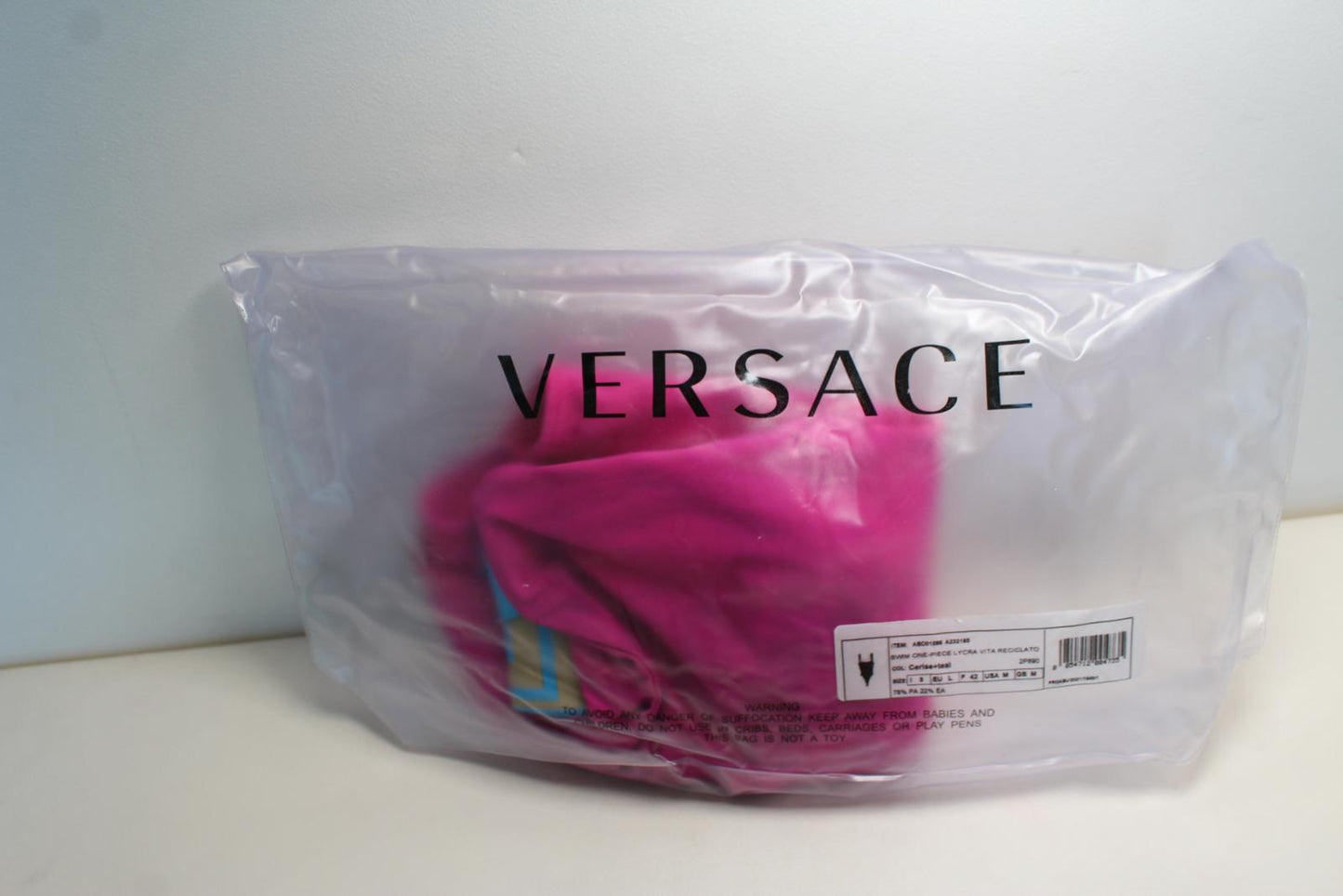 VERSACE Ladies Pink Blue Greca Strap Scoop Back One Piece Swimsuit 3/UK36 NEW