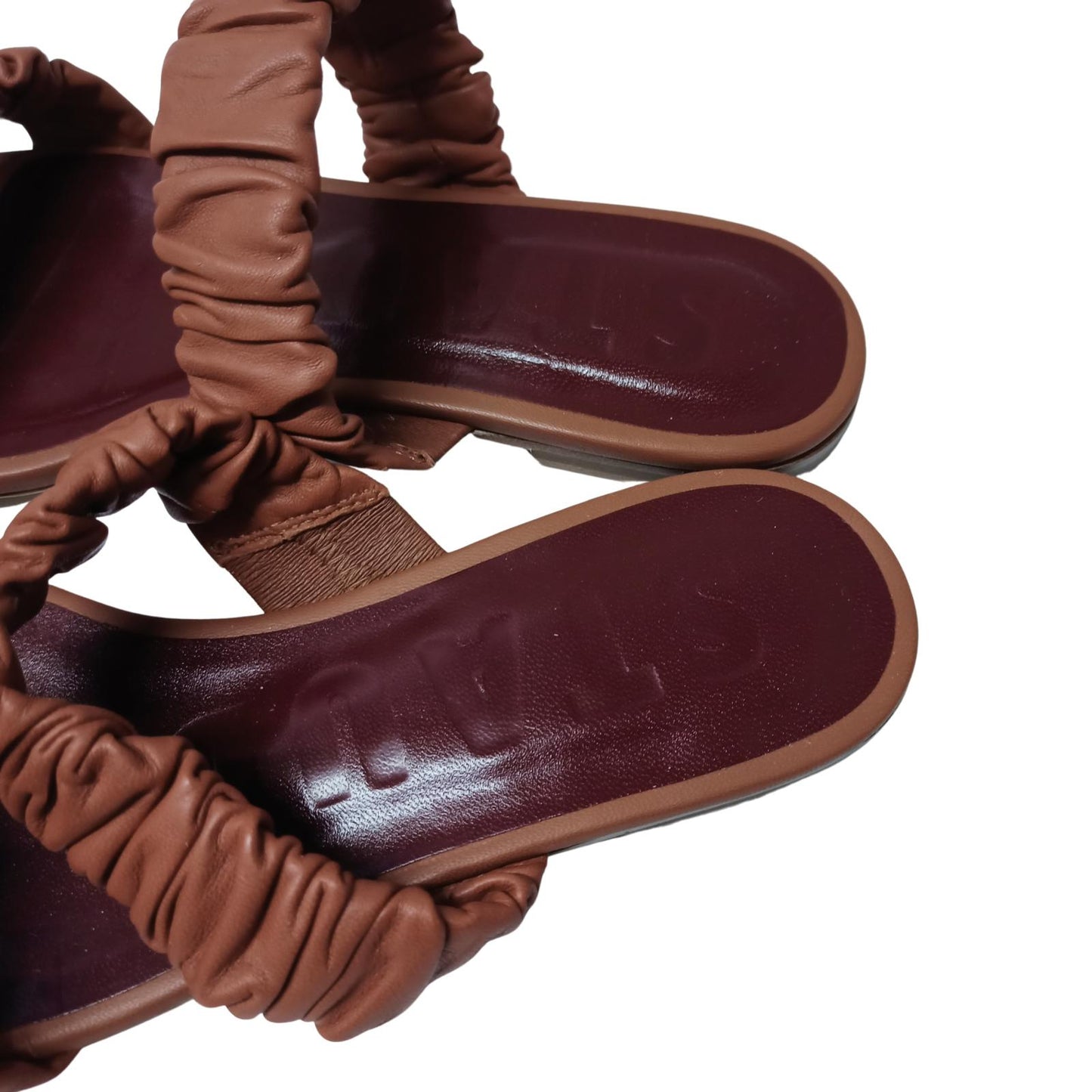 STAUD Brown Flat Sandals Maya Flat Sandal Ruched Nappa Shoe UK 4.5 NEW RRP 250