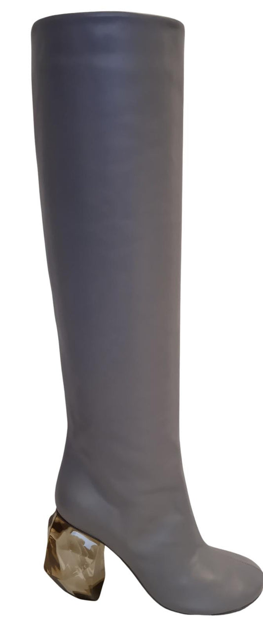 JIL SANDER Ladies Grey Leather Crystal Heel Knee High Boots EU35 UK2 NEW RRP1260