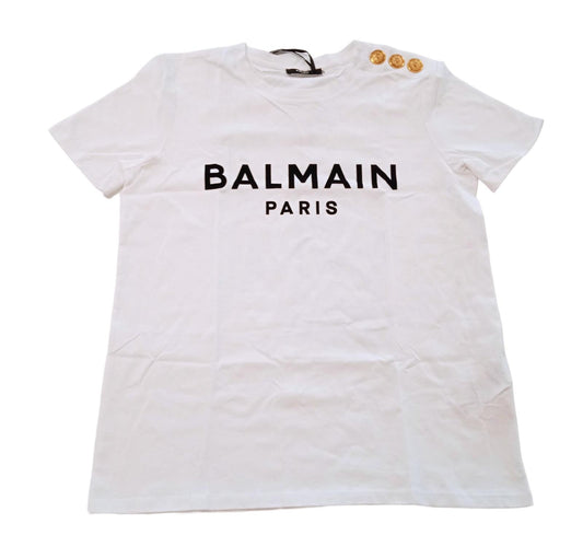BALMAIN T-Shirt Logo Print 3-Button Shoulder White Cotton Ladies S NEW RRP395