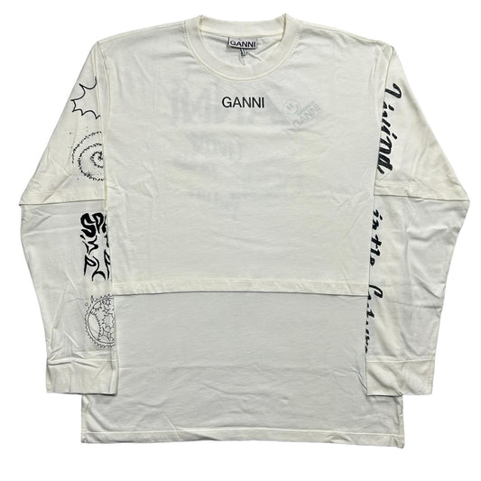 GANNI LS Cotton Logo Jersey White T-Shirt Large NEW RRP 115