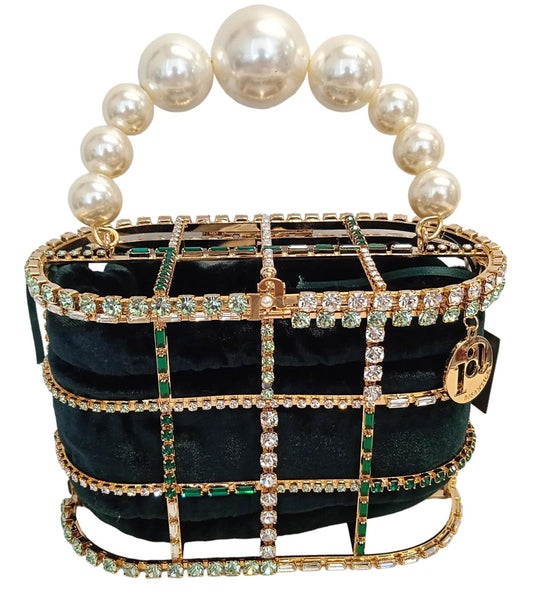 ROSANTICA Ladies Holli Velluto Green Crystal & Faux Pearl Handle Bag NEW RRP860