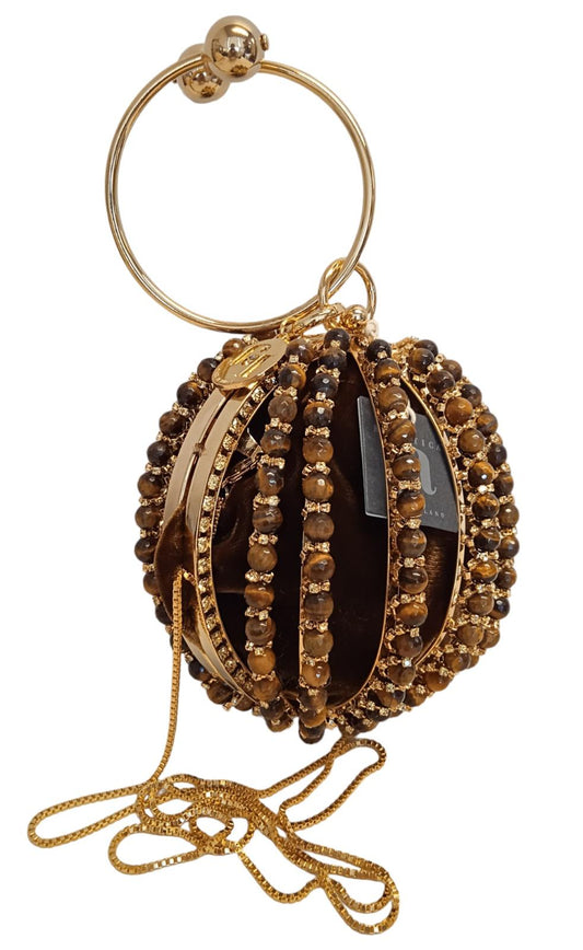 ROSANTICA Ladies Diletta Brown/Gold-Tone Beaded Round Bracelet Bag NEW RRP800