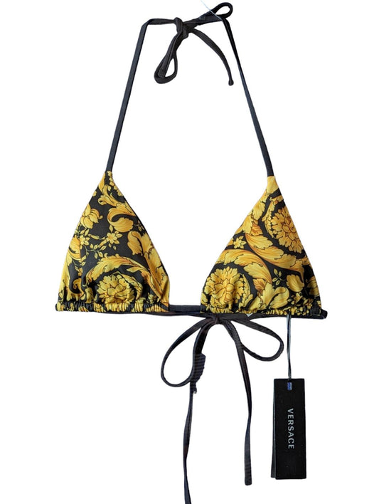 VERSACE Baroque Print Triangle Bikini Top Black Yellow (1) S NEW RRP 255