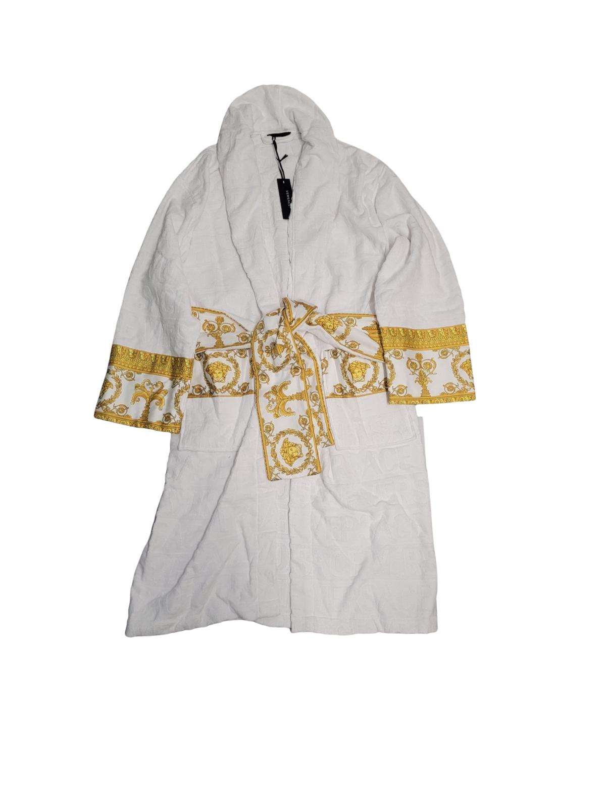 VERSACE I Heart Baroque Bathrobe Navy Blue Gold Trim Cotton Men's L NEW RRP390
