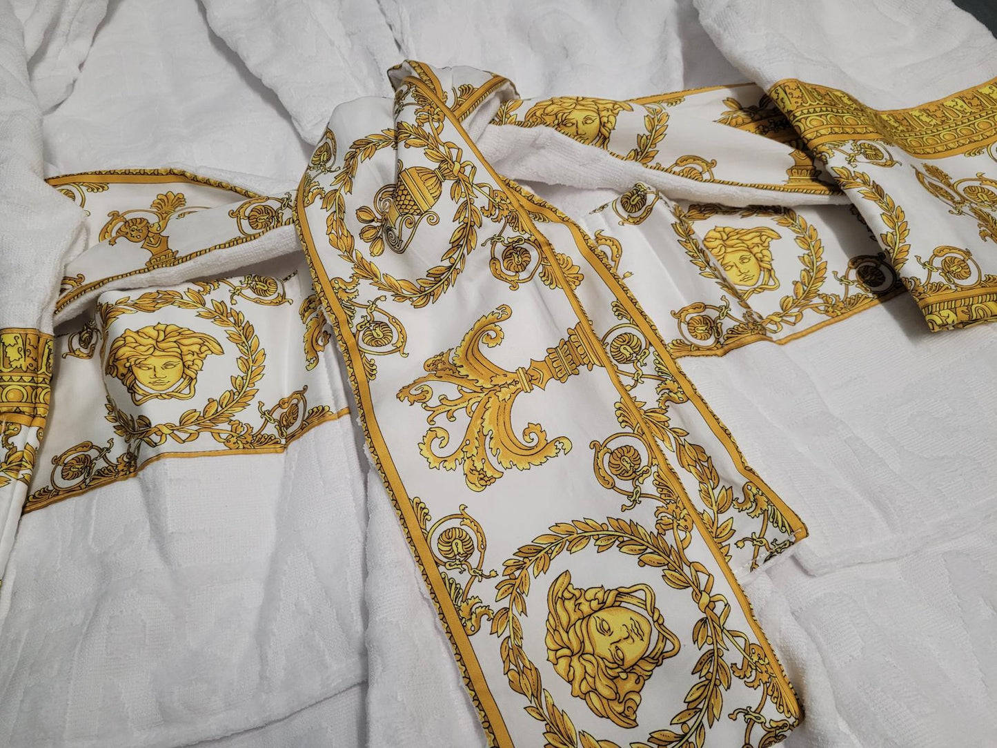 VERSACE I Heart Baroque Bathrobe Navy Blue Gold Trim Cotton Men's L NEW RRP390