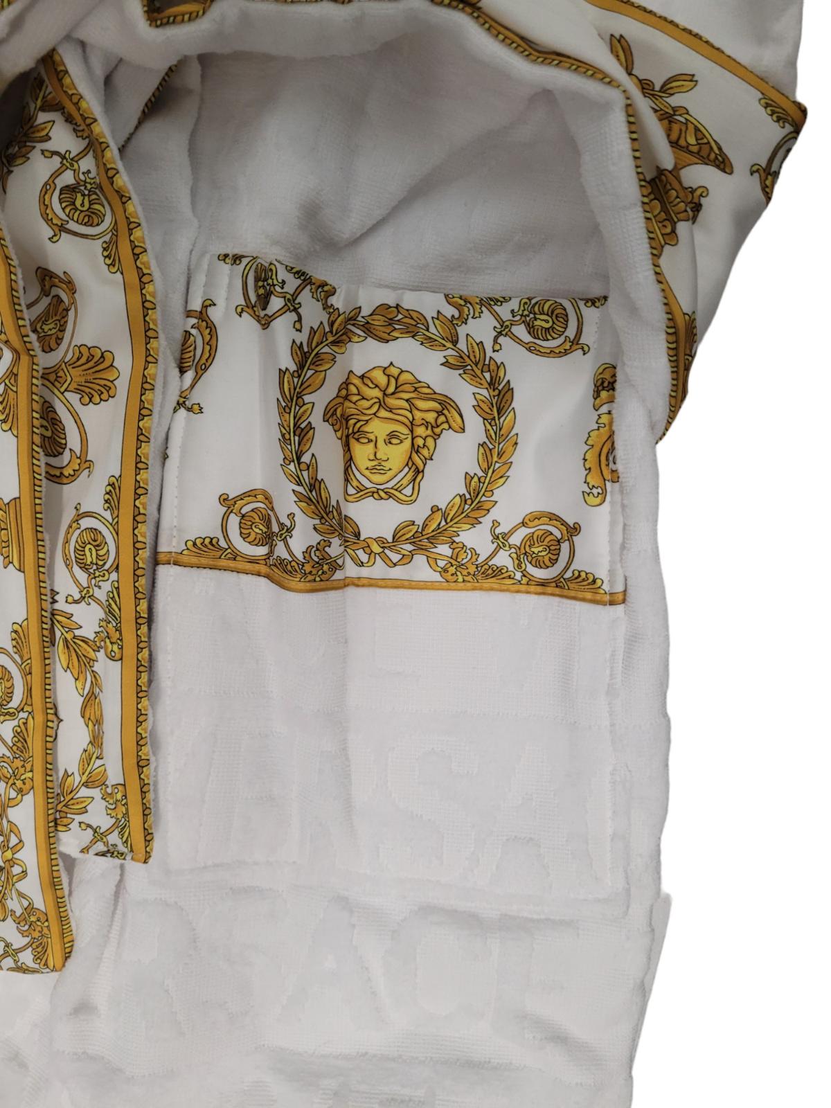 VERSACE I Heart Baroque Bathrobe Navy Blue Gold Trim Cotton Men's L NEW RRP390
