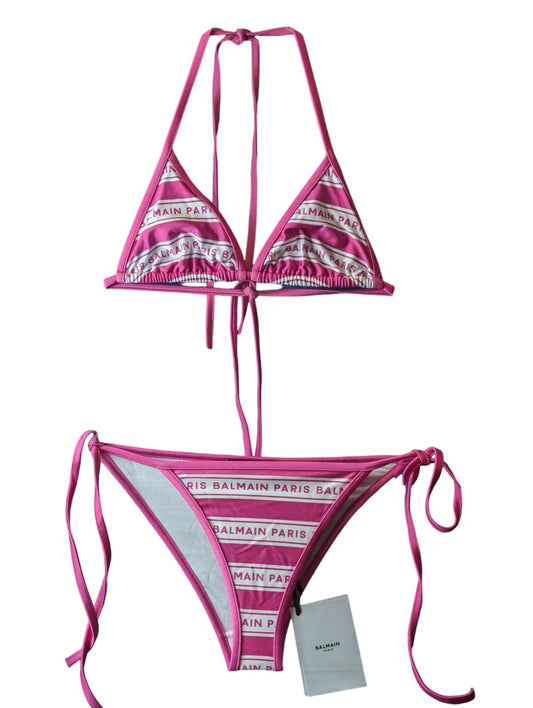 BALMAIN Pink Bikini Set Iconic Stripe Triangle UK6 Top/ UK8 Bottom NEW RRP 305