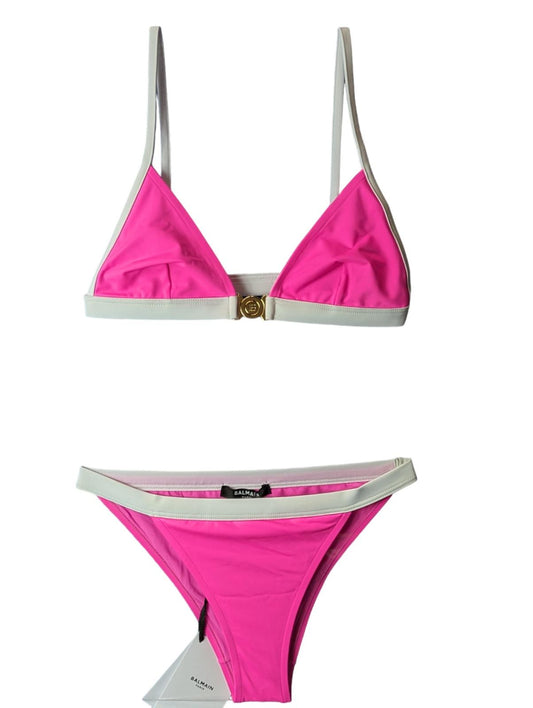 BALMAIN Pink Bikini Sets Triangle Logo Front Clasp w/White Trim UK6 NEW RRP 315