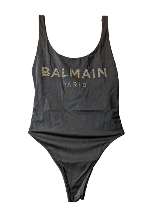 BALMAIN Black Swimsuits Logo Costume Gold Scoop Size UK10 NEW RRP 365