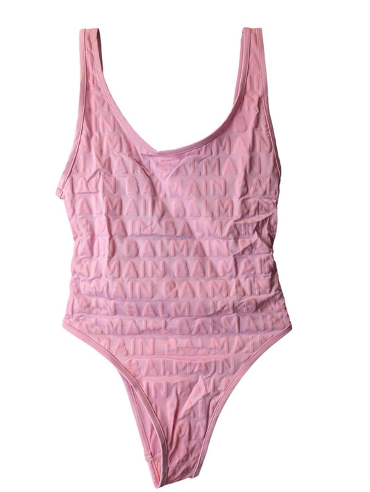 BALMAIN Pink Swimsuits Scoop Neck Light Printed Logo Size UK10 NEW RRP 420