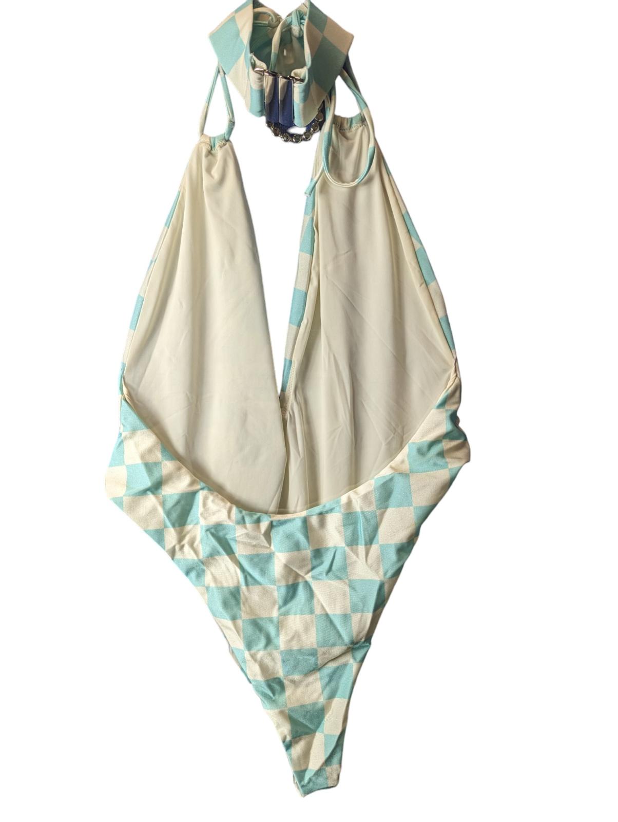 ALESSANDRA RICH Blue Swimsuit Costume Deep V Neck Tie Aqua UK16 NEW RRP 435
