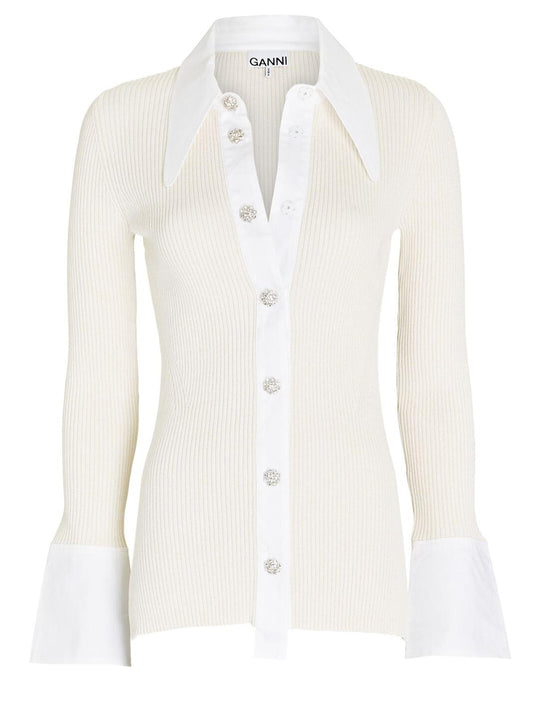GANNI Ivory Rib-Knit Polo Long Sleeve Button-Up Cardigan Size M RRP255 NEW