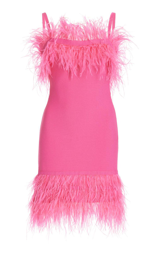 STAUD Ladies Bright Pink Etta Feather Trim Strappy Mini Dress S RRP305 NEW