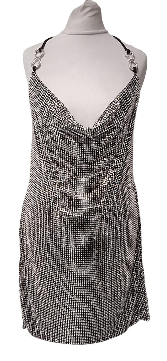 MACH & MACH Crystal Mesh Mini Dress Bow Cowl Neck Silver FR42 UK14 NEW RRP1525