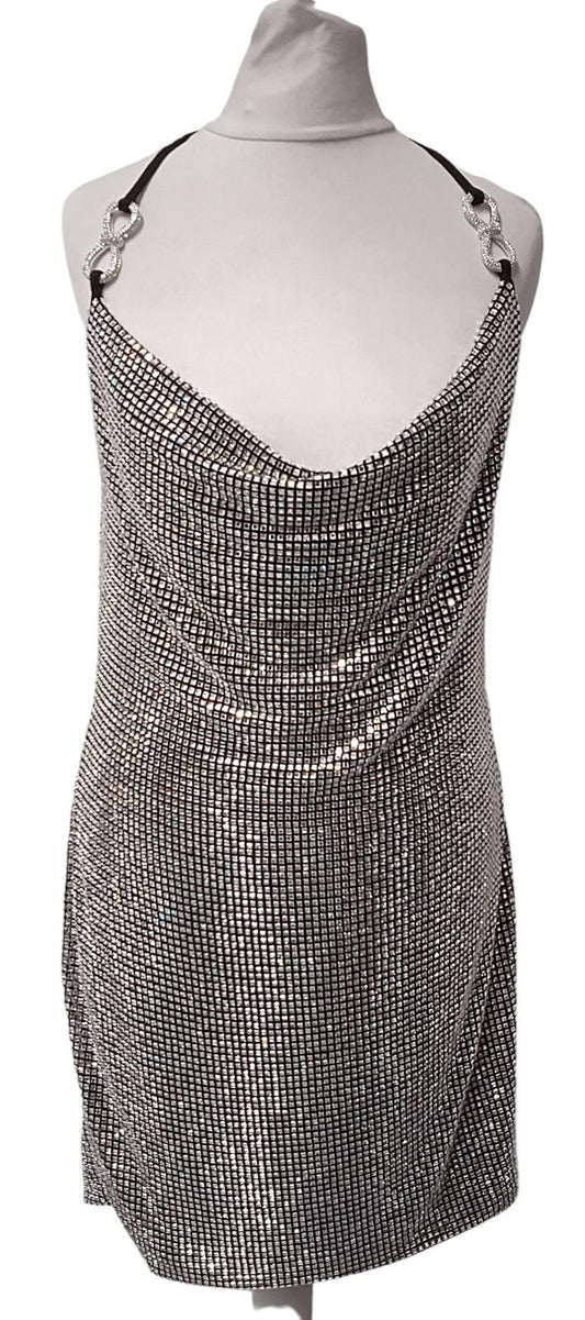 MACH & MACH Crystal Mesh Mini Dress Bow Cowl Neck Silver FR40 UK12 NEW RRP1525