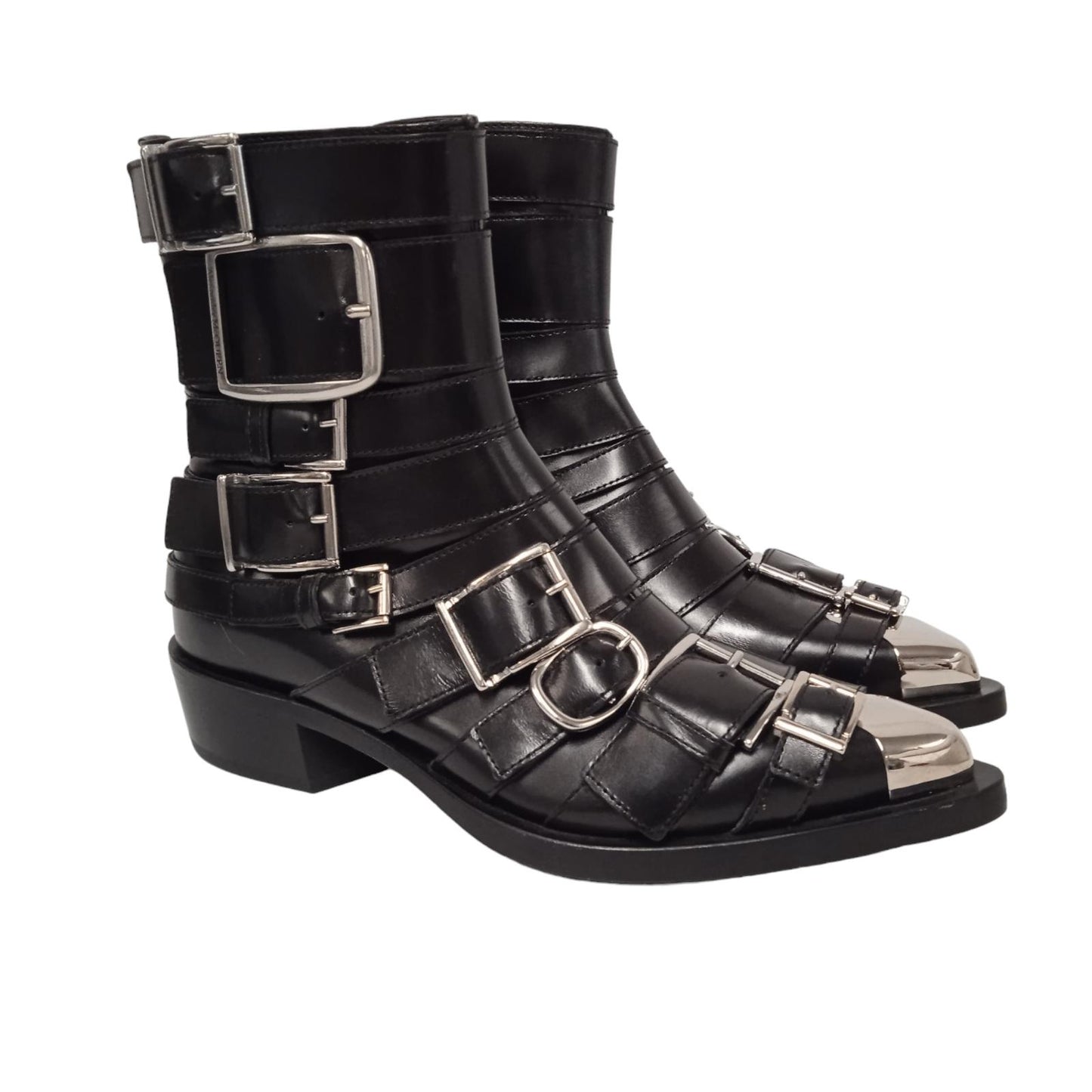 ALEXANDER MCQUEEN Ladies Black Leather Punk Buckle Ankle Boots UK5.5 RRP1390 NEW