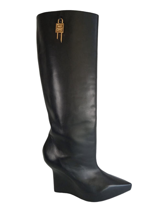 GIVENCHY Ladies Black Leather G-Lock Wedge Knee High Boots EU41 UK8 RRP1540 NEW