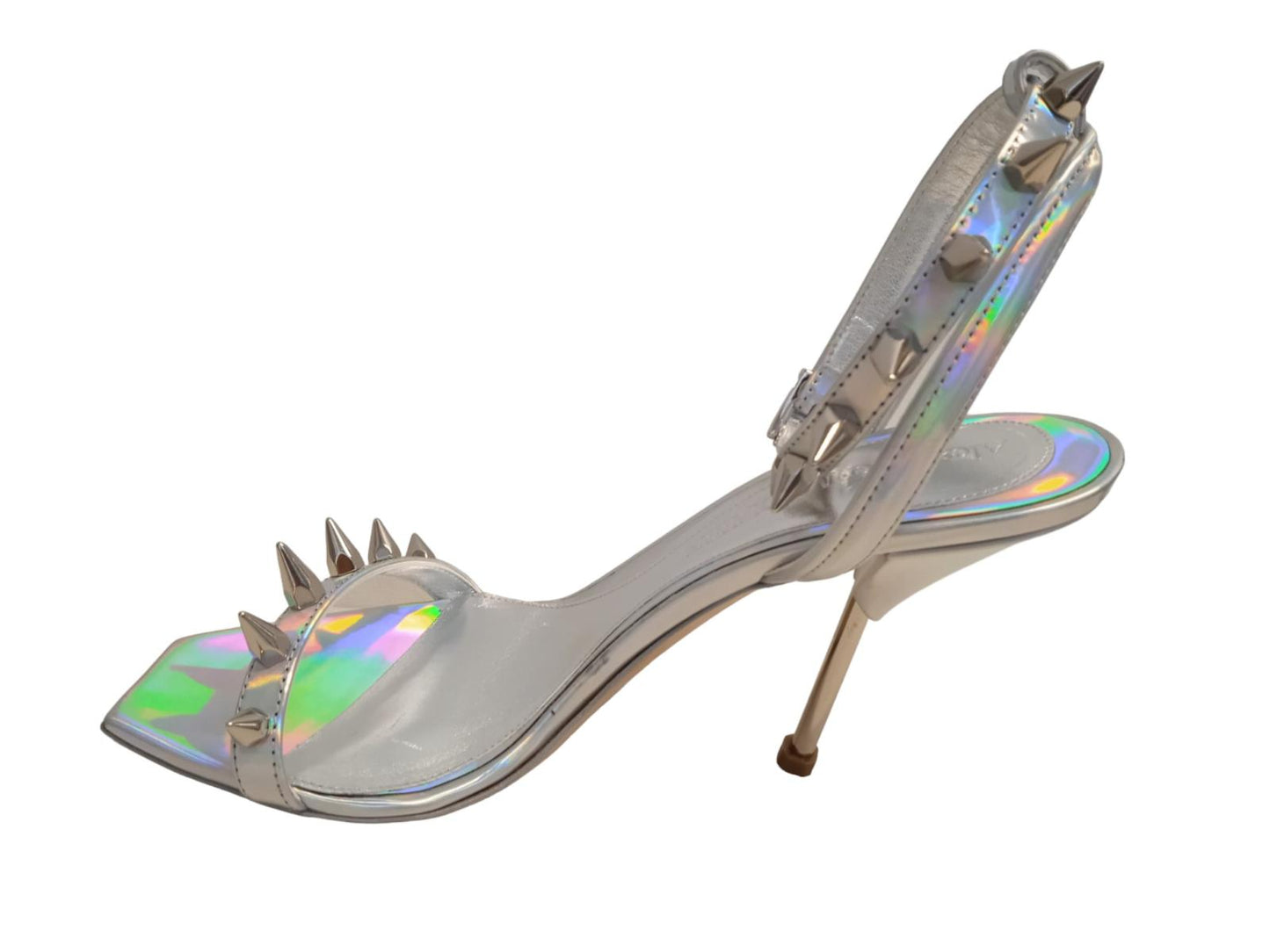 ALEXANDER MCQUEEN Spike Holo Sandals Leather Heeled Silver EU40 UK7 NEW RRP690