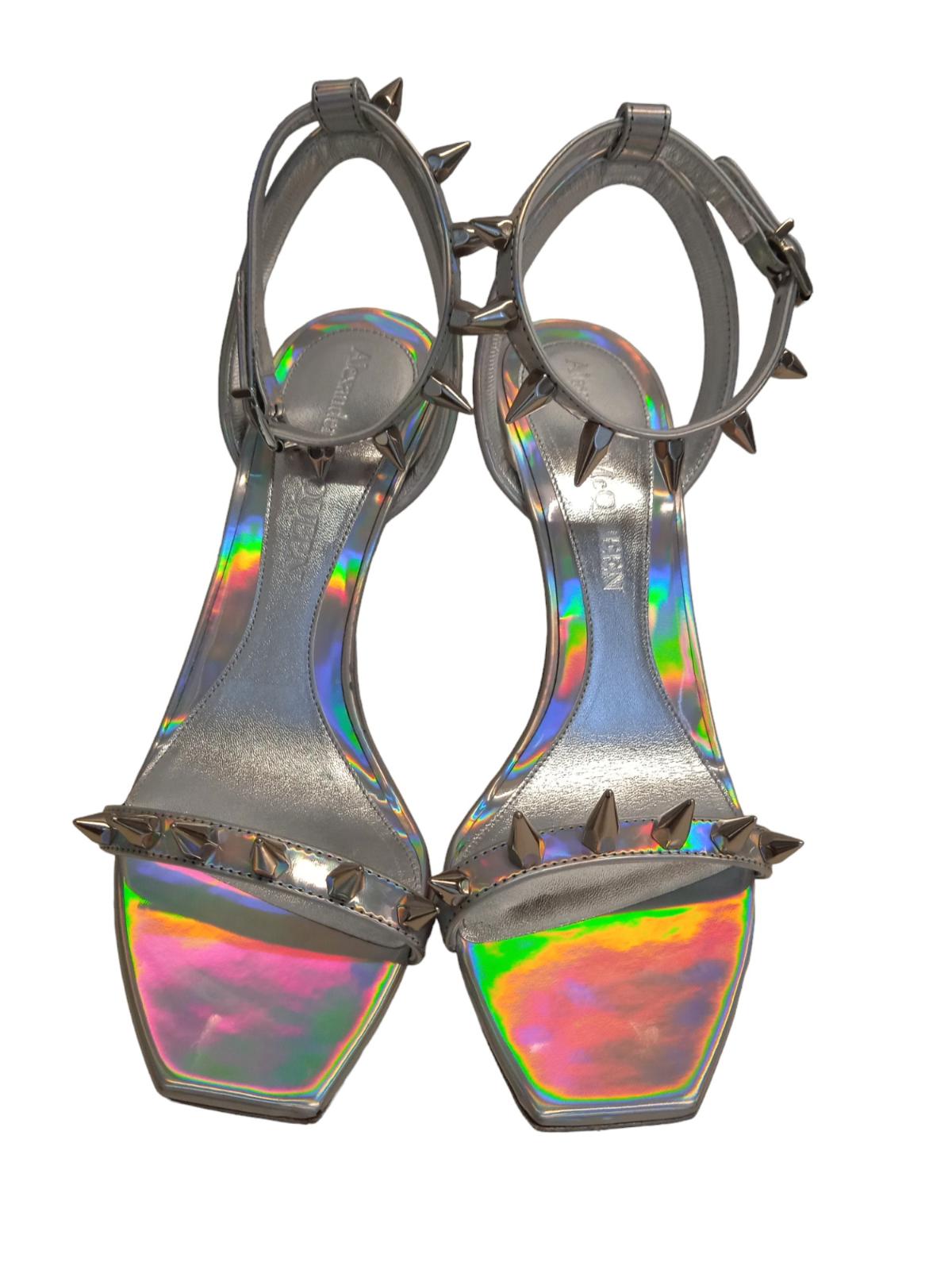 ALEXANDER MCQUEEN Spike Holo Sandals Leather Heeled Silver EU40 UK7 NEW RRP690