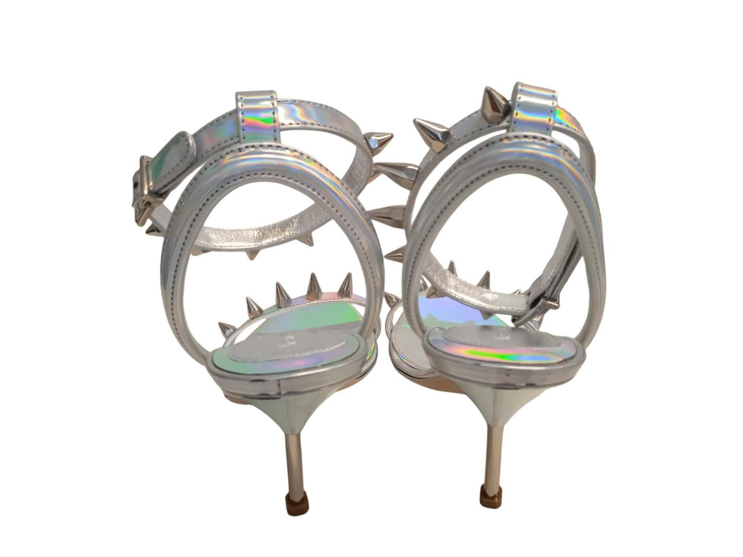 ALEXANDER MCQUEEN Spike Holo Sandals Leather Heeled Silver EU40 UK7 NEW RRP690