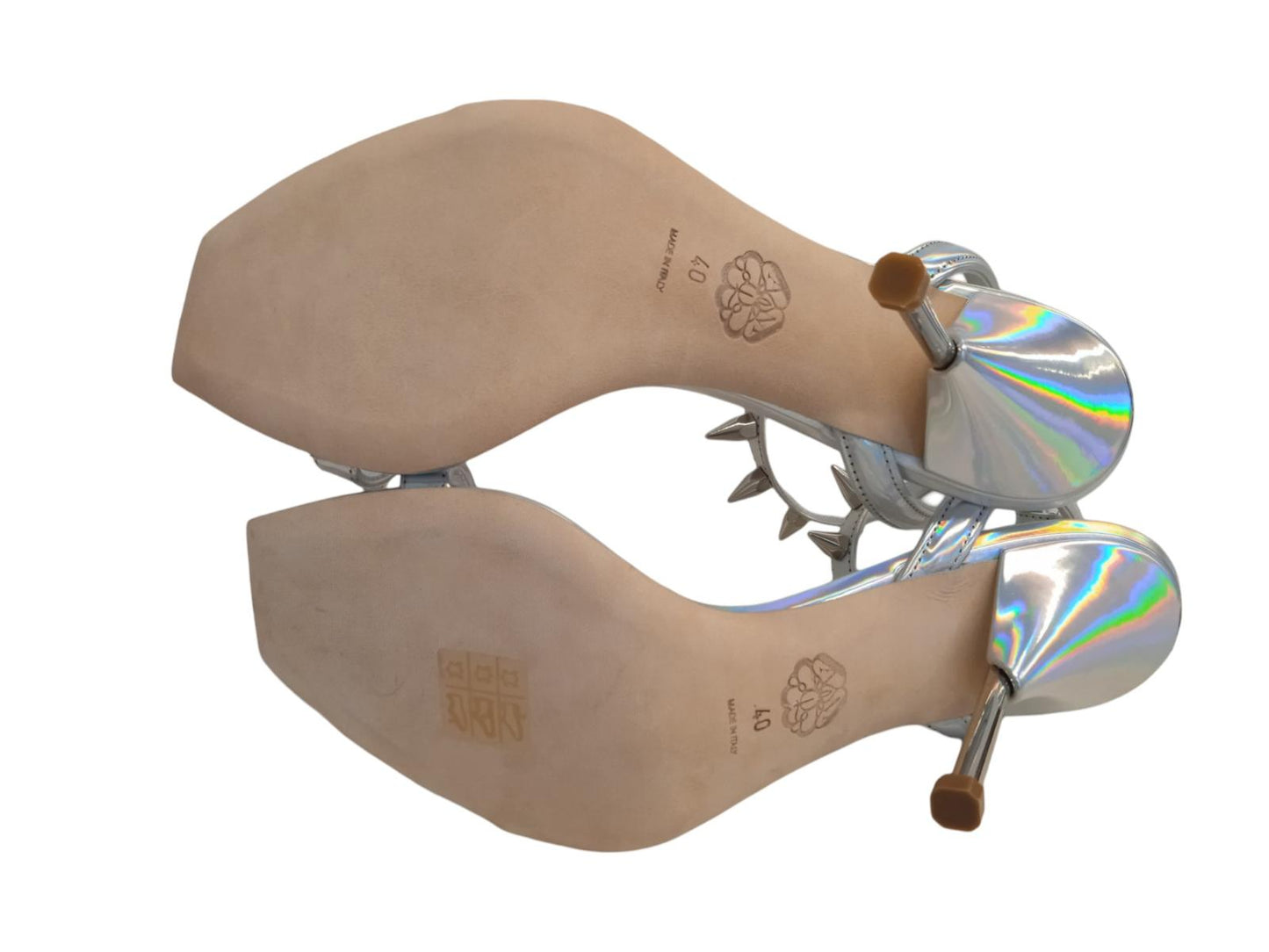 ALEXANDER MCQUEEN Spike Holo Sandals Leather Heeled Silver EU40 UK7 NEW RRP690
